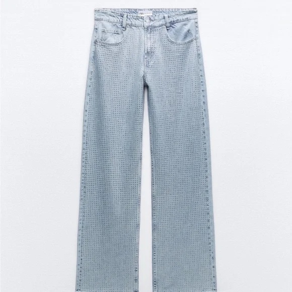 Zara Blue Straight Leg Jeans Classic Denim rhinestones